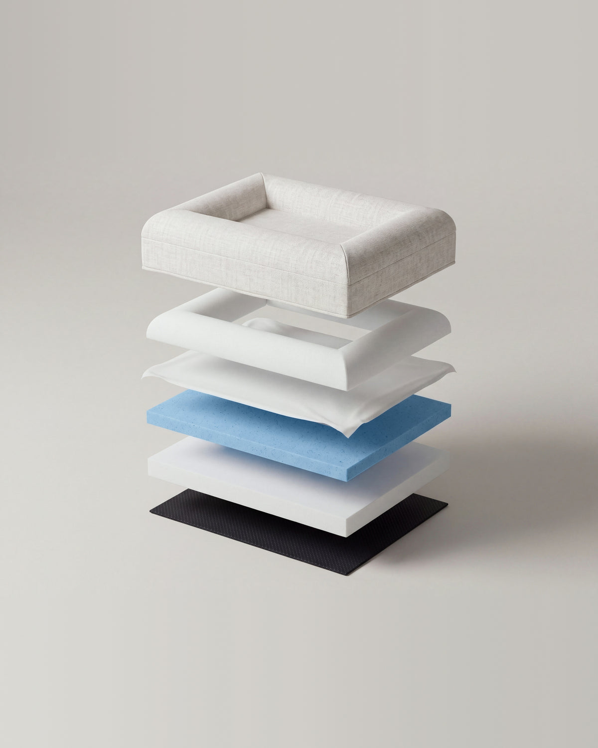 The six parts of the KINNE Bed, separated: cover, bolsters, liner, gel-memory layer, support core, non-slip base
